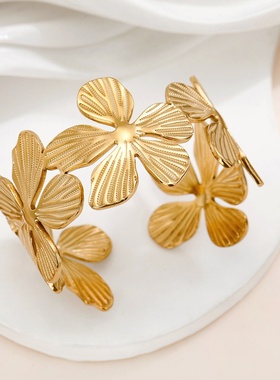 tohm欧美跨境复古夸张手饰不锈钢镀真金不掉色感开口女士手镯