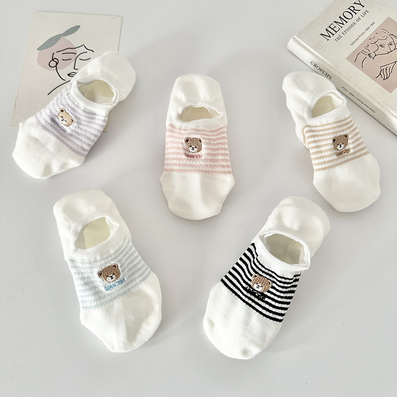 可爱卡通刺绣小熊船袜女士夏季薄款白色浅口隐形防滑不掉跟短袜,淘宝优惠券,粉丝福利购,淘宝优惠卷
