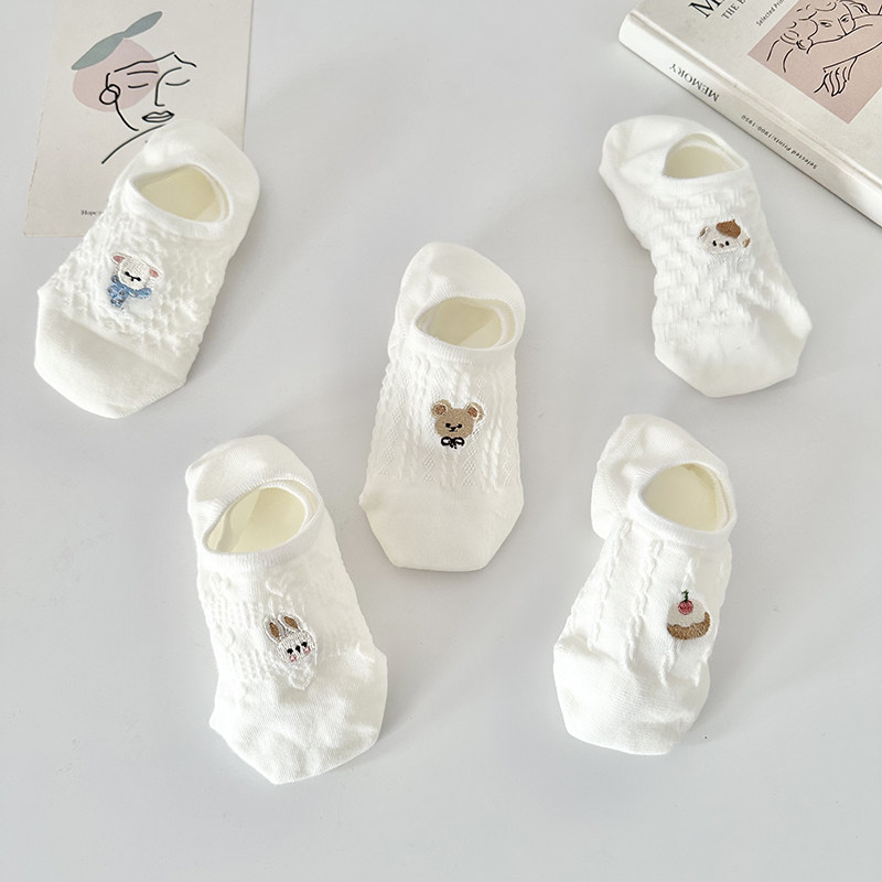 可爱卡通刺绣小熊船袜女士夏季薄款白色浅口隐形防滑不掉跟短袜,淘宝优惠券,粉丝福利购,淘宝优惠卷