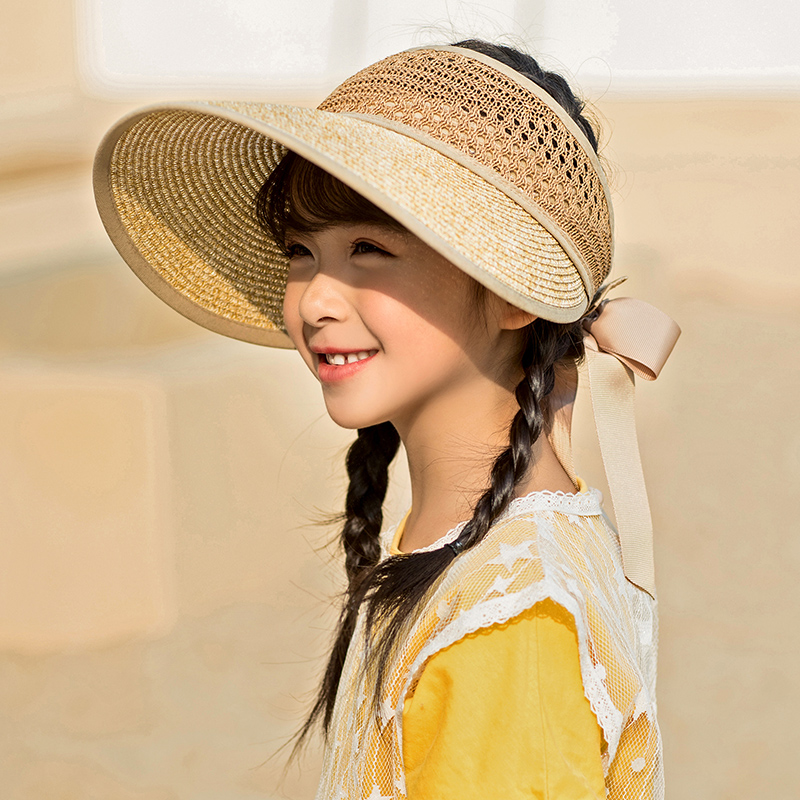 儿童草帽女夏天空顶防晒帽子女童出游海边遮阳帽宝宝太阳帽沙滩帽