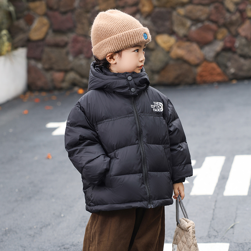 反季童装儿童羽绒服中小童宝宝拼色连帽外套男女童加厚短款白鸭绒 - 图0