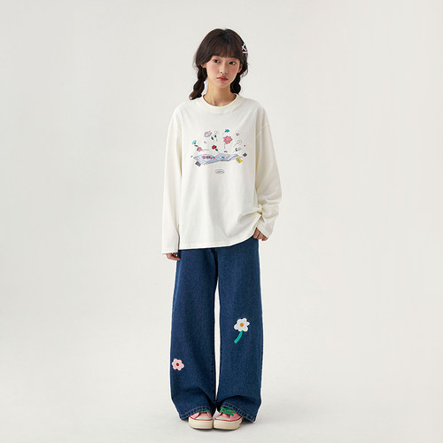 诺诺公主S1N初中生印花牛仔裤女2026春季青少年韩系弯刀阔腿裤子 - 图1