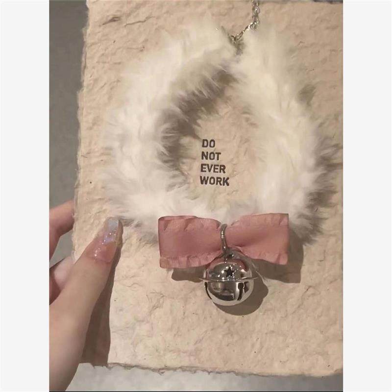 甜美可爱粉色蝴蝶结毛绒绒choker铃铛项链小众设计锁骨链项圈饰品 - 图1