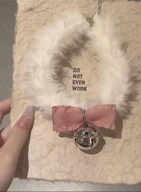 甜美可爱粉色蝴蝶结毛绒绒choker铃铛项链小众设计锁骨链项圈饰品