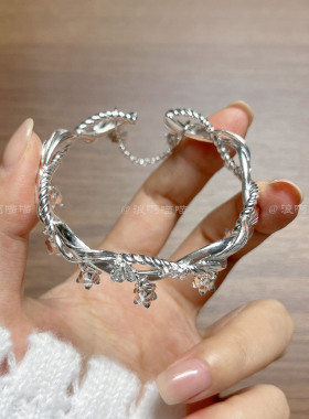铃兰花蝴蝶麻花银手镯足银9999新中式小众精致重工开口纯银镯子