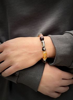 金霸钱途无量水晶手串三眼天珠金发晶虎眼石手链招财转运礼物男