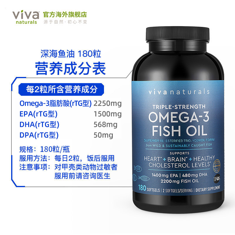 Viva美国进口高纯度rTG深海鱼油DPA天然omega3欧米伽3软胶囊180粒-图3