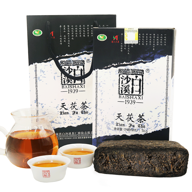 黑茶湖南安化正品白沙溪天尖嫩料金花伏砖茶2016年天茯茶1kg老茶