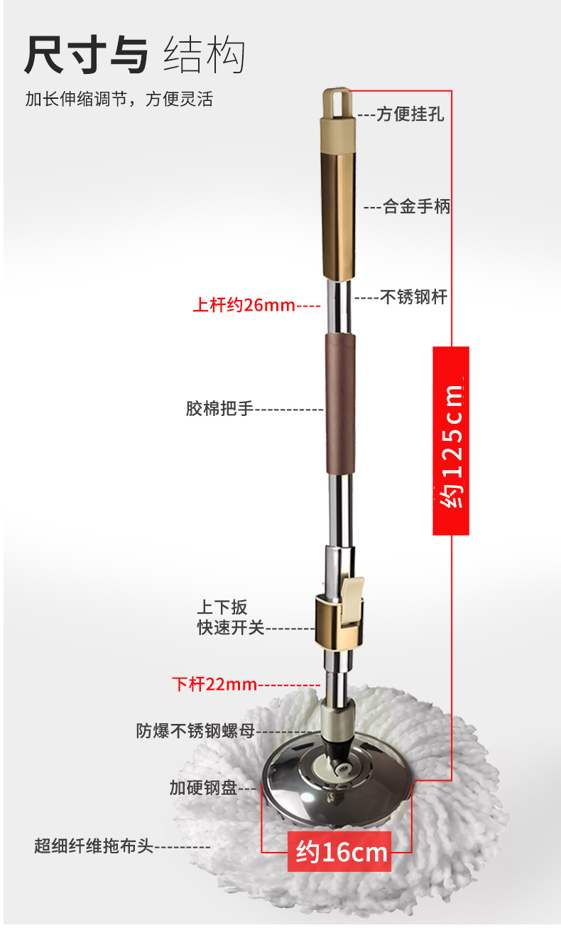 旋转拖把杆通用一体式拖布杆加厚不锈钢拖把头家用墩布杆替换配件