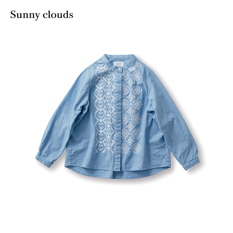 春季新品 桑妮库拉/Sunny clouds女式纯棉立领哈登格刺绣装饰衬衫 - 图0