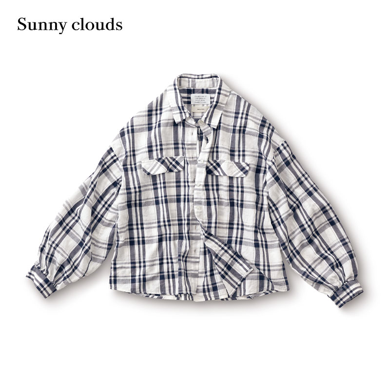 Sunny clouds Shuttle Notes日本面料 女式纯棉落肩格子衬衫 - 图0