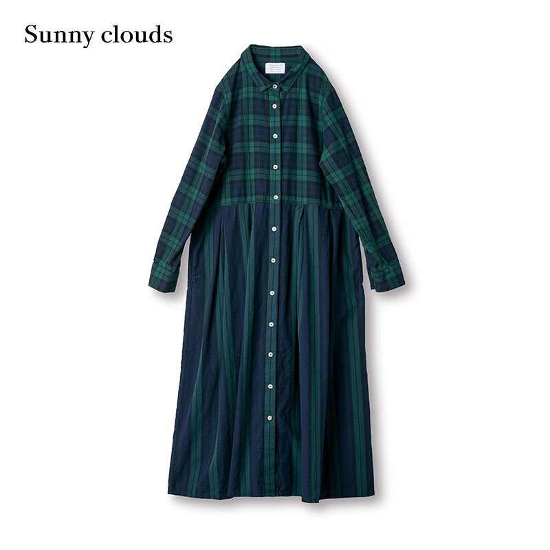 秋季新品 桑妮库拉/Sunny clouds 女式纯棉蓝绿格子条纹连衣裙 - 图0