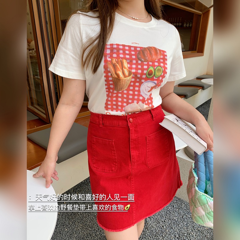 巫婆大码女装 胖MMT恤女2024夏季韩版复古百搭设计感微胖印花上衣