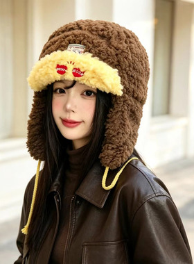 撞色羊羔毛绒雷锋帽女秋冬季可爱显脸小保暖防寒护耳帽子
