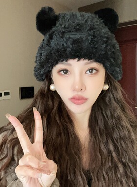 冬季毛绒小熊保暖显脸小毛线帽女