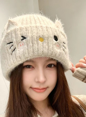 卡通猫咪针织保暖帽子女士秋冬季套头护耳毛线帽户外显脸小毛绒帽