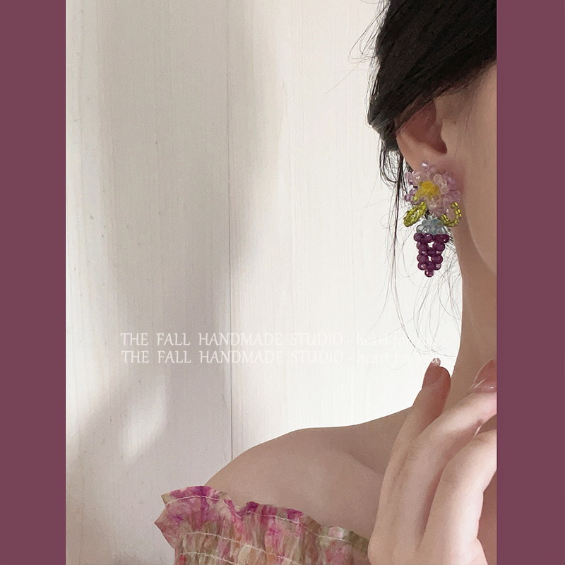 （买二送一）葡萄成熟时|夏季新款紫色水晶串珠花朵耳环气质耳夹-图0