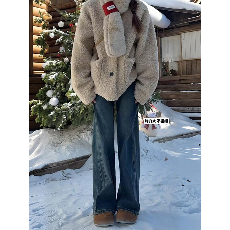 覆古加绒阔腿裤女秋冬新款梨形大尺码显瘦弹力牛仔裤百搭高腰拖地 - 图2