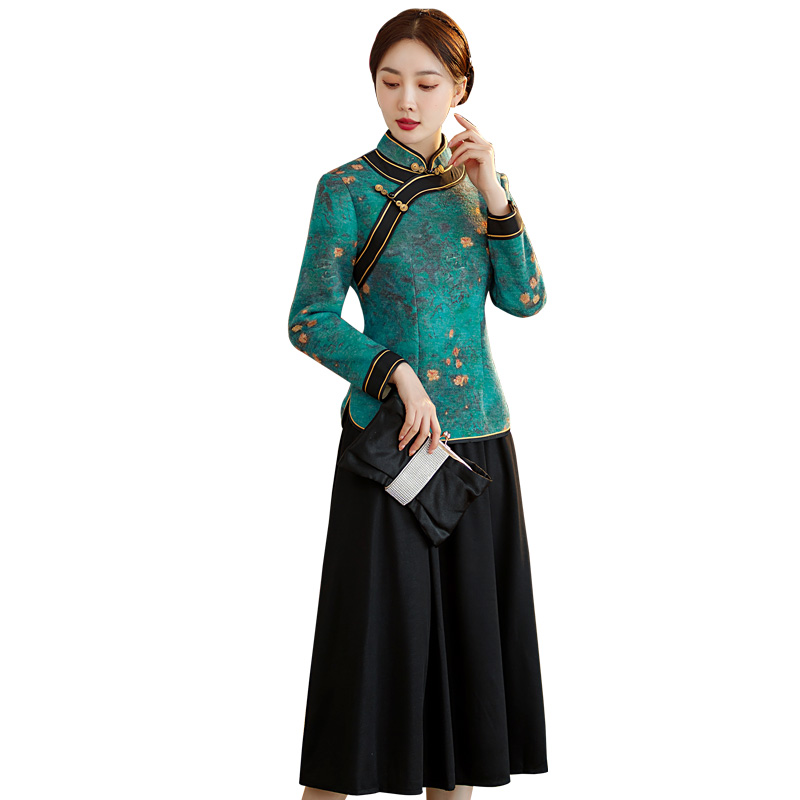 中国风旗袍领上衣女装2022秋冬新款长袖加绒妈妈款中老年唐装套装 - 图3