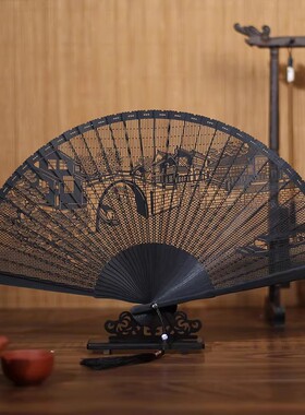 吉善非遗工艺品特产檀木扇黑檀木折扇檀木镂空扇文创摆件礼品扇子