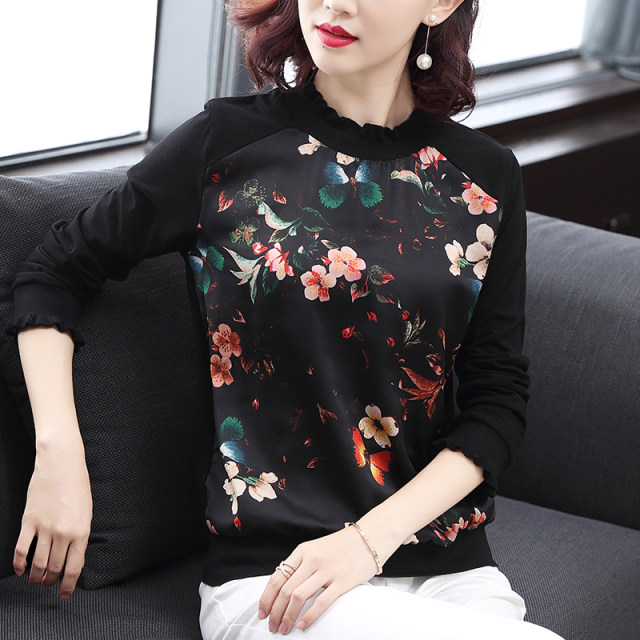 Large size slimming patchwork long-sleeved loose top women's t-shirt
