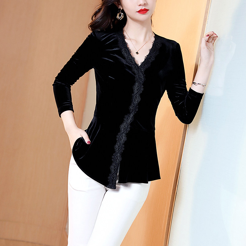 黑色金丝绒2020秋冬新款v领打底衫 jinkaixT恤