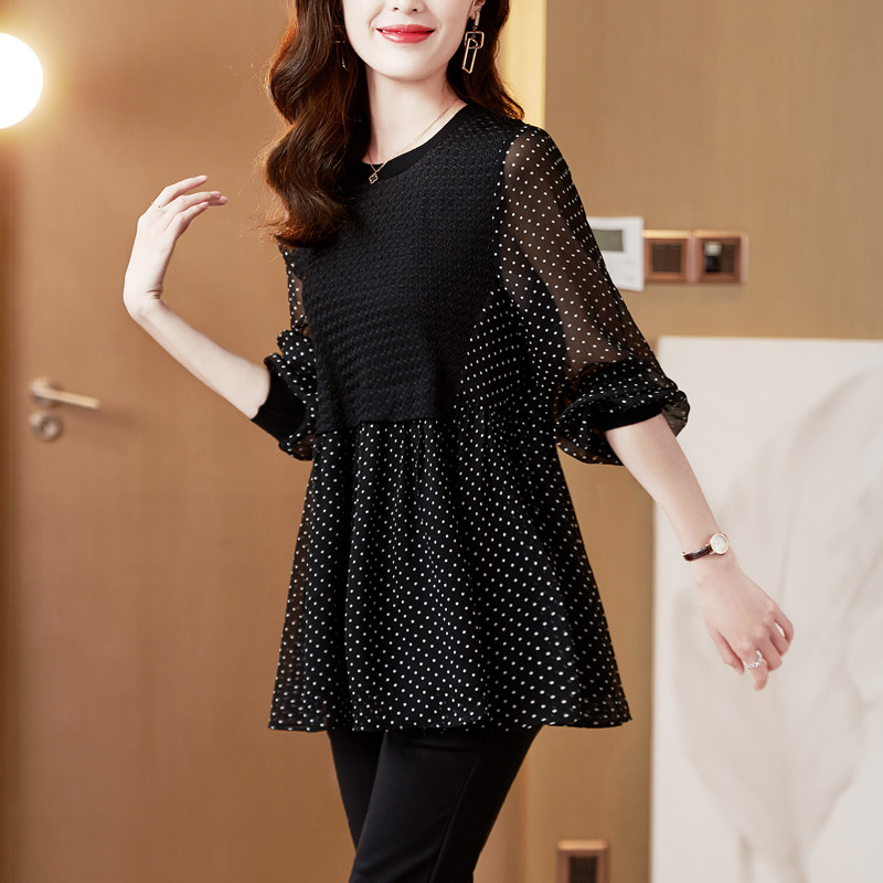 黑色波点雪纺长袖2022春季打底衫 jinkaixT恤