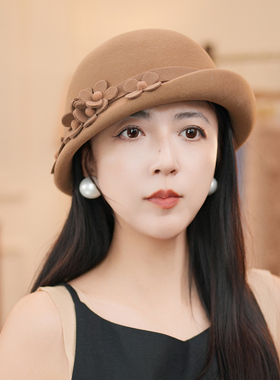 秋冬名媛风花朵半翘沿盆帽显脸小
