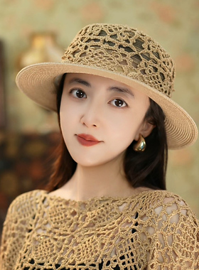 手工中国结图案透气遮阳帽春夏出游百搭太阳帽优雅平沿帽子女2025