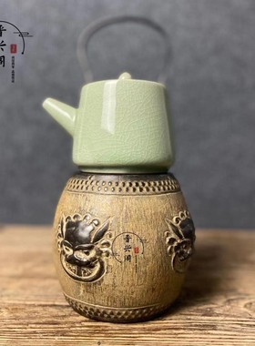 天然青石仿古做旧纯手工缠枝莲花承壶小石鼓中式茶室案头空间摆件