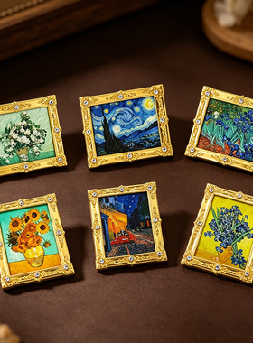 梵高立体相框冰箱贴星空向日葵名画磁吸贴复古镶钻家居装饰小礼品