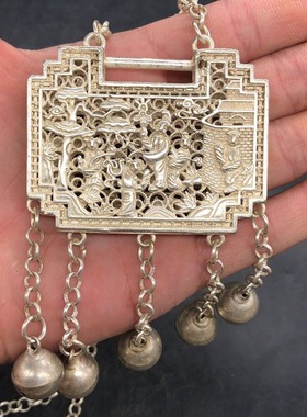 古玩古董杂项收藏复古包浆镂空麒麟凤凰银锁压襟锁毛衣链项链