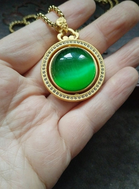 金色可转动一面弥勒佛佛公一面绿色猫眼石项链毛衣链配饰饰品