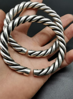 仿古古玩苗银藏银三股实心开口手镯银镯子女手环一对