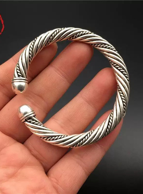 古玩铜器杂项收藏仿古白铜藏银苗银扭丝缠丝麻花开口手镯女款单个