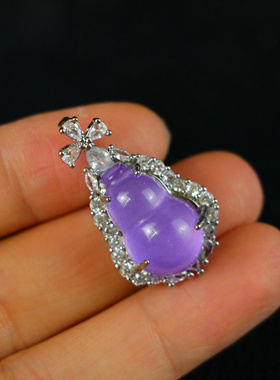 缅甸翡翠色冰糯种紫罗兰玉葫芦吊坠镶嵌浅紫色葫芦蛋面玉挂件女款