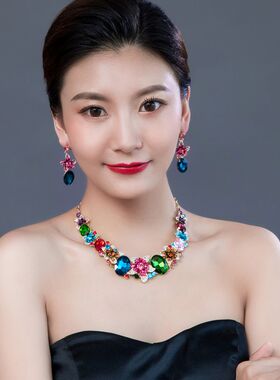 欧美时尚套装夸张女水晶花朵项链