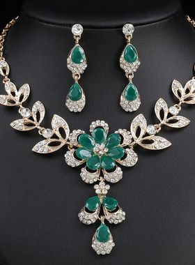 首饰品个性女式绿色欧美项链套装新娘复古百搭花朵形状锁骨链