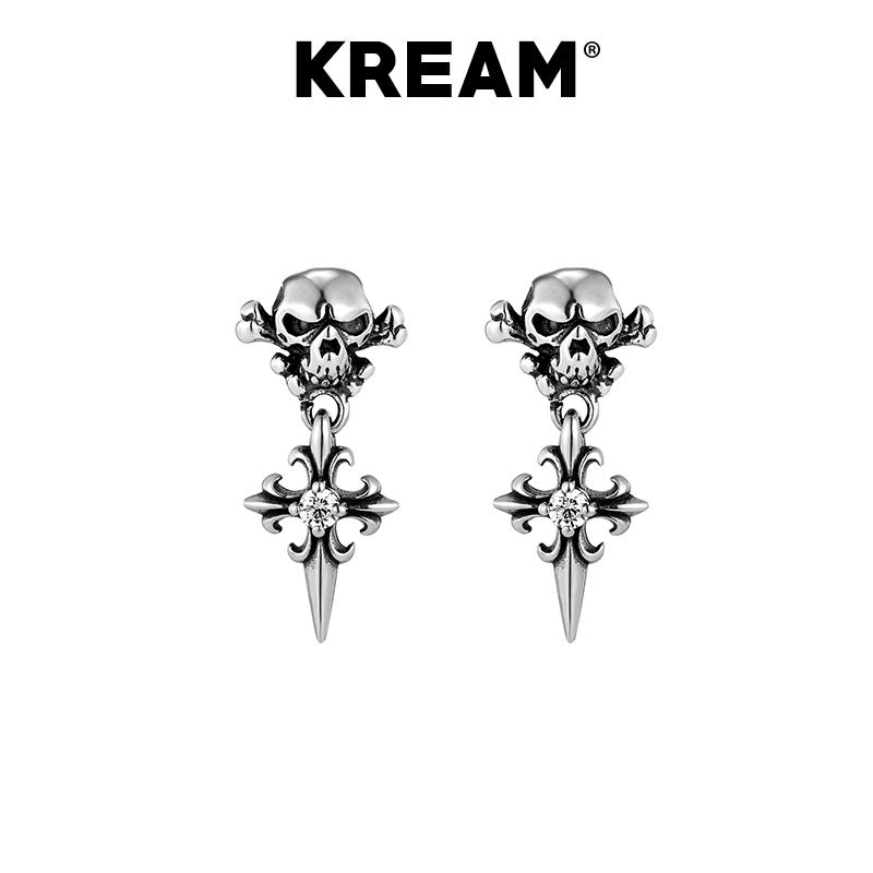 KREAM SKULL 骷髅鸢尾十字锆石耳坠男嘻哈女同款耳钉 - 图0