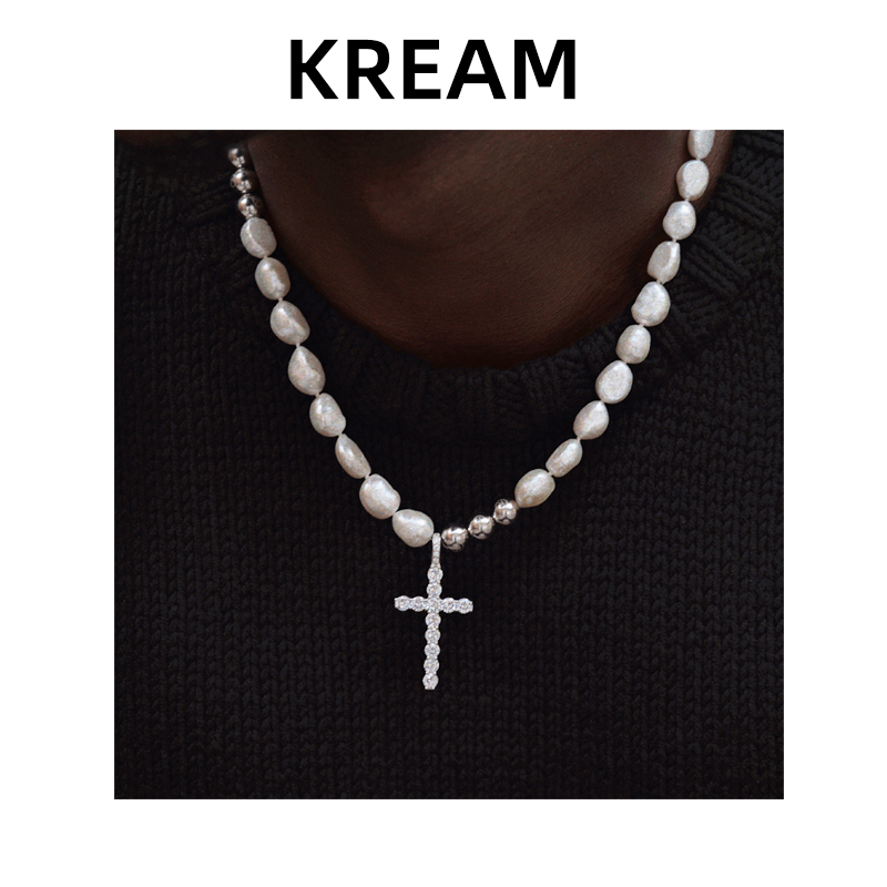 KREAM 天然异形珍珠纯银十字架吊坠项链男女同款嘻哈毛衣锁骨链