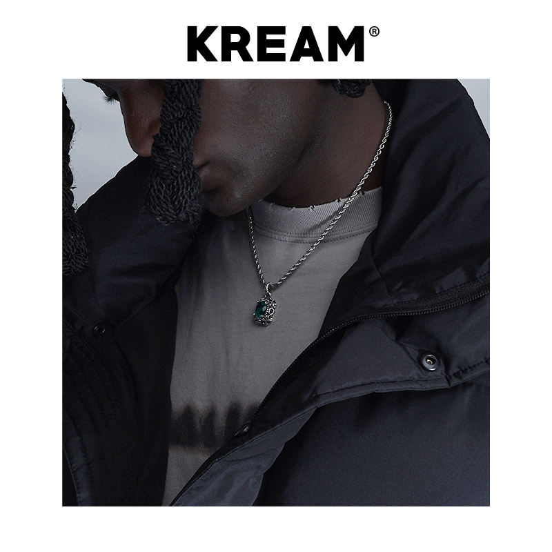 KREAM S925纯银复古做旧绿宝石吊坠男嘻哈女同款项链锁骨毛衣链-图2