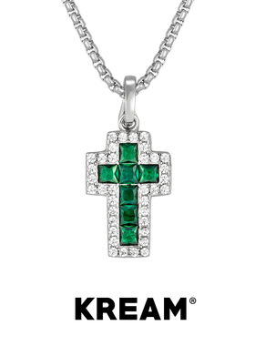 KREAM 925银 绿白红钻闪亮锆石十字吊坠男嘻哈项链女欧美潮流情侣