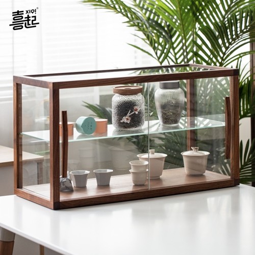 黑胡桃实木小型家用玻璃展示柜 桌面手办水杯茶具收纳柜透明防尘 - 图2