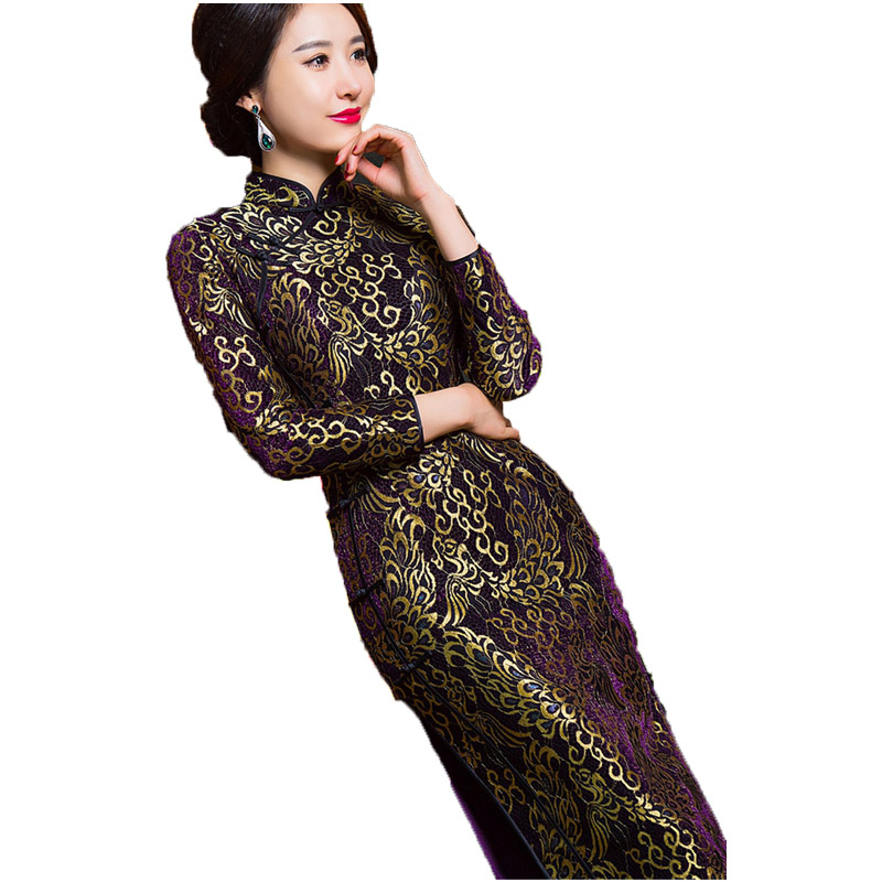 2017新款秋季旗袍丝绒连衣裙长袖女旗袍裙端