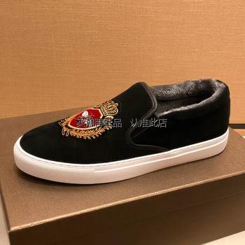 Little Bee winter lazy shoes men's slip-on plus velvet warm nubuck leather embroidered loafers men's trendy brand cotton shoes