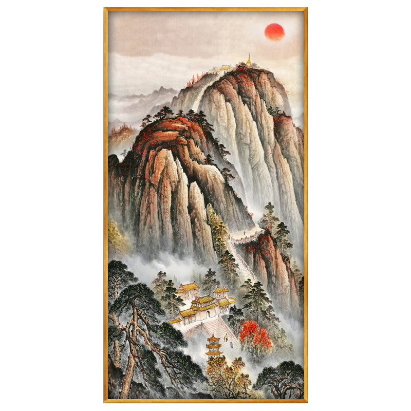 泰山日出图有山无水国画办公室玄关走廊挂画风水靠山招财装饰画竖