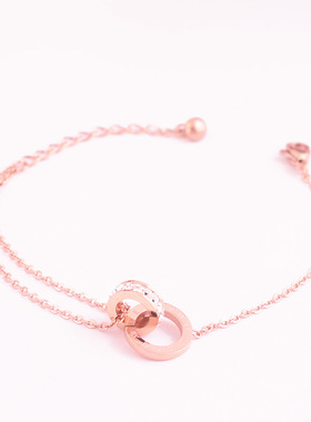 韩版时尚钛钢彩金钛钢双环锆石手链女玫瑰金镀18K不掉色饰品MS069