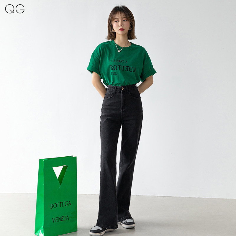 黑色开叉牛仔裤女春秋高腰长裤 千阁牛仔裤