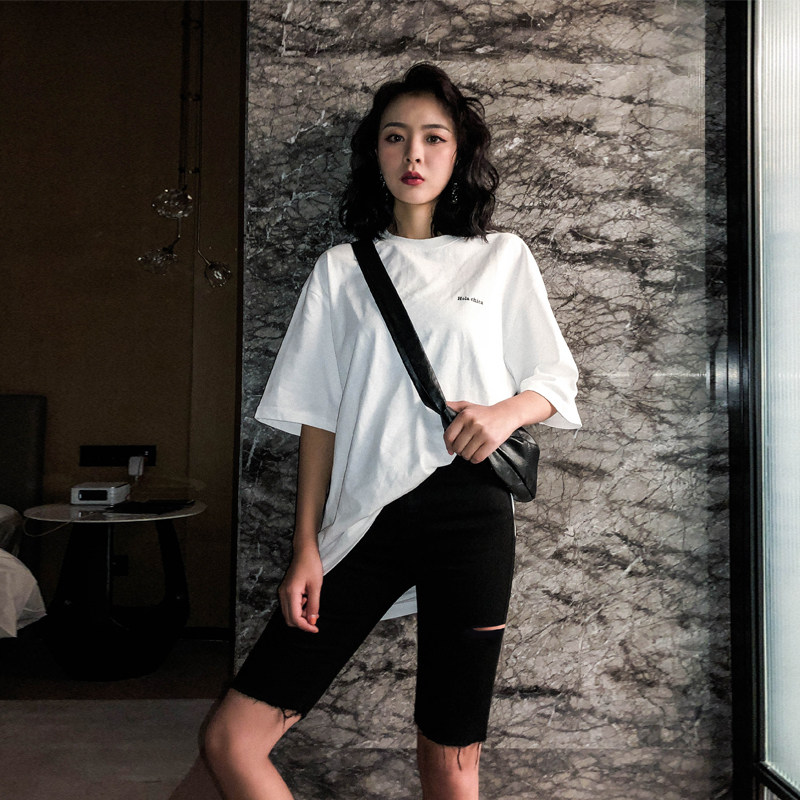 黑色牛仔女高腰运动骑行五分裤短裤 千阁牛仔裤