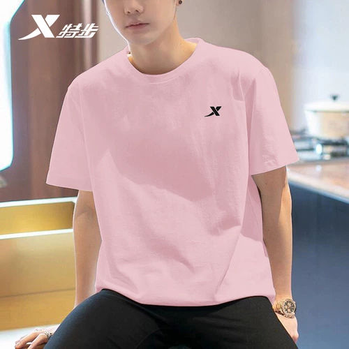 Xtep, хлопковая футболка, розовый цветной спортивный костюм, короткий рукав, осенняя, оверсайз, круглый воротник